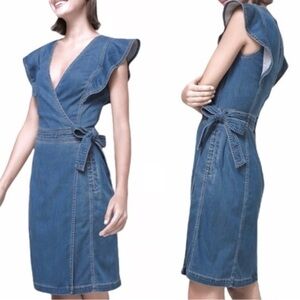 WHBM Denim Faux Wrap Dress Pockets 6  Modern Classic Time Capsule Chic Parisian